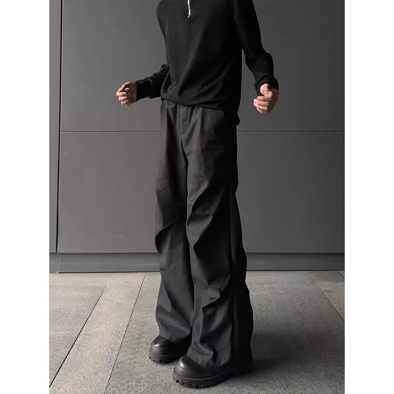 Planetary World Cleanfit Geplooide, vloerlange, uitlopende casual broek, losvallende zwarte broek voor heren_voghion.com