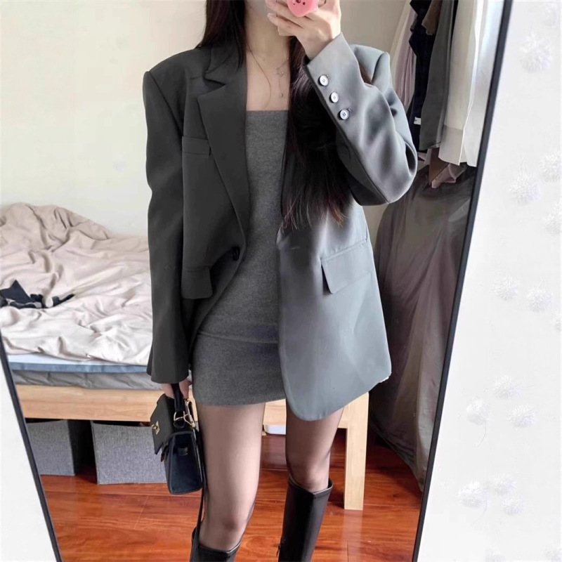 灰色西装外套女新款春秋季小众设计感韩版休闲小个子西服上衣|undefined