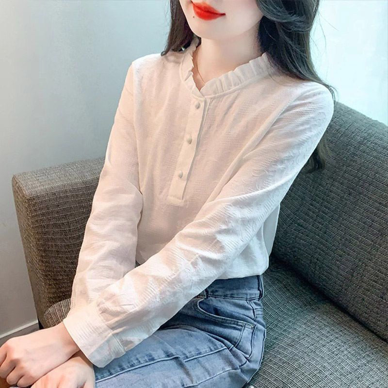 荷叶领提花棉女士衬衫春季2024新款百搭打底衫显瘦长袖小衫上衣