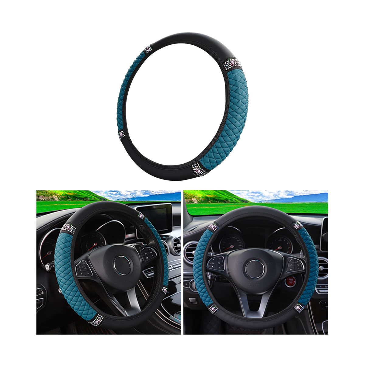 Factory Direct Sales Cross-Border Colorful Rhinestone Car Steering Wheel Cover, Leather Three-Dimensional Interior Handle Cover Without Inner Ring