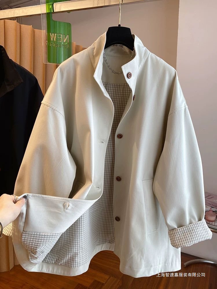 Korean Style Stand-Up Collar Windbreaker Jacket for Women Spring and Autumn 2025 New Loose Casual Plaid Lined Mid-Length Coat