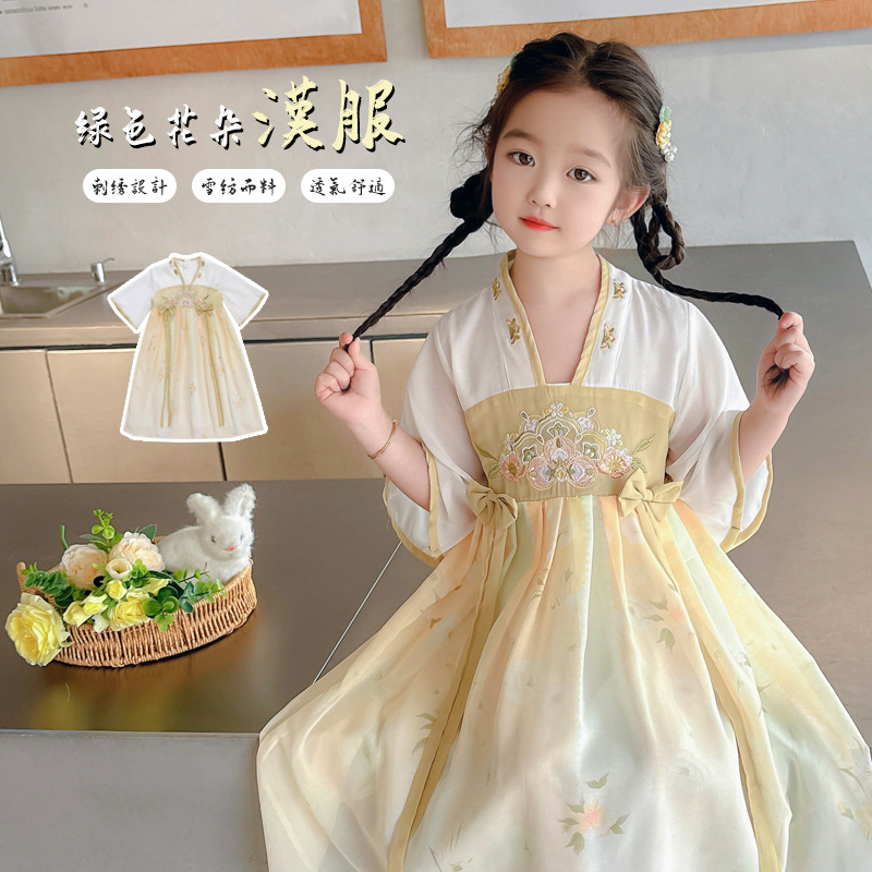 Green Flower Hanfu for Girls 2024 Summer New Trendy and Fashionable Children's Wear Baby Girl Chinese Style Princess Dress