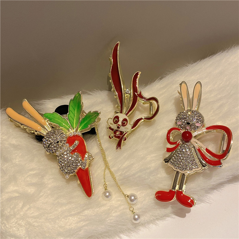 Benmingnian Rabbit Clip National Tide Antique Peking Opera Fan Hairpin Pearl Flower Large Shark Clip Tassel Pendant