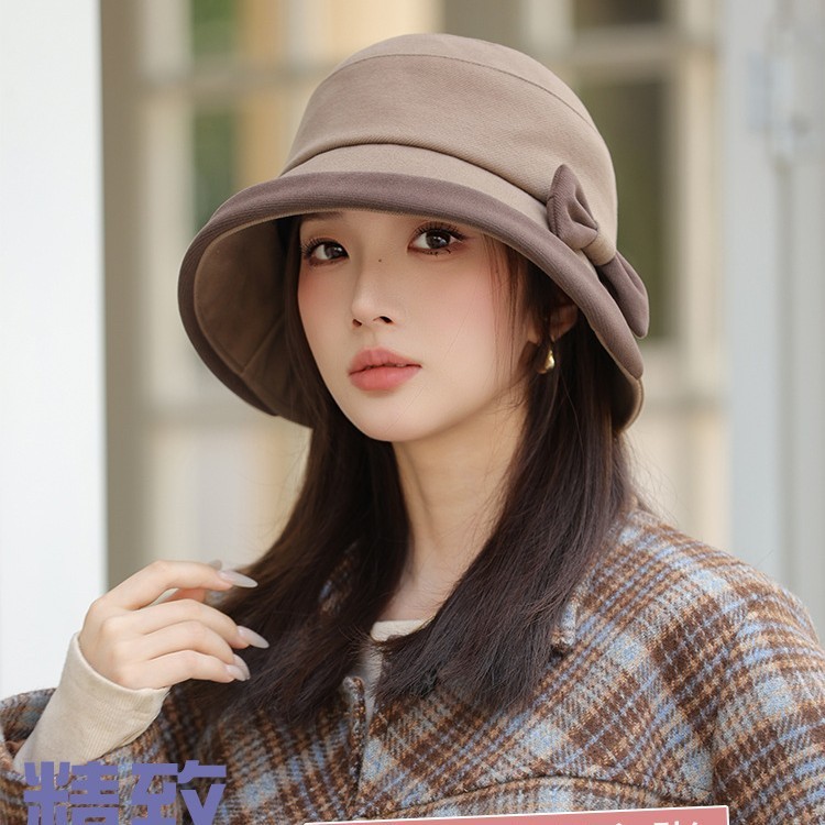 毛呢渔夫帽女秋冬季法式优雅复古赫本风蝴蝶结气质名媛卷边礼帽子|undefined