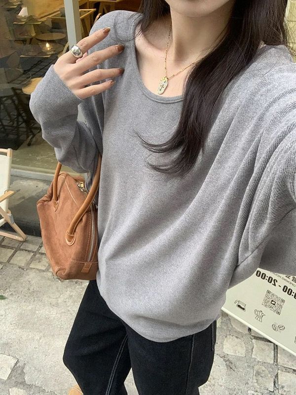【自家工厂现货】纯色蝙蝠长袖t恤女秋季宽松显瘦内搭打底上衣|undefined