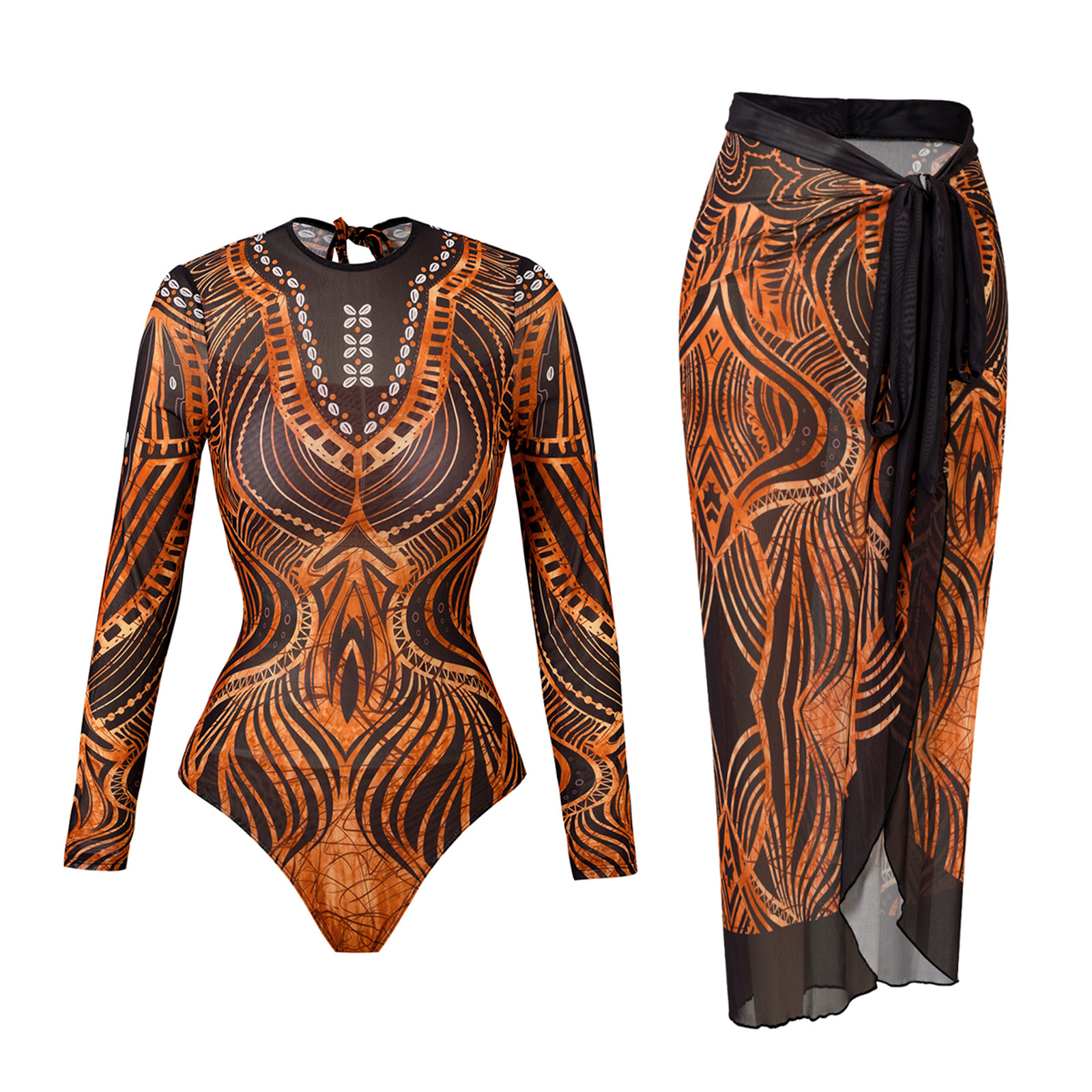 Women's Retro Mesh Long-sleeve One-piece Swimsuit For Beach And Pool_voghion.com