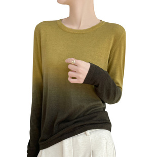 Spring and Autumn Round Neck Thin Worsted Wool Knitted Bottoming Shirt for Women Loose Gradient Color Super Nice Long-Sleeved Inner Top