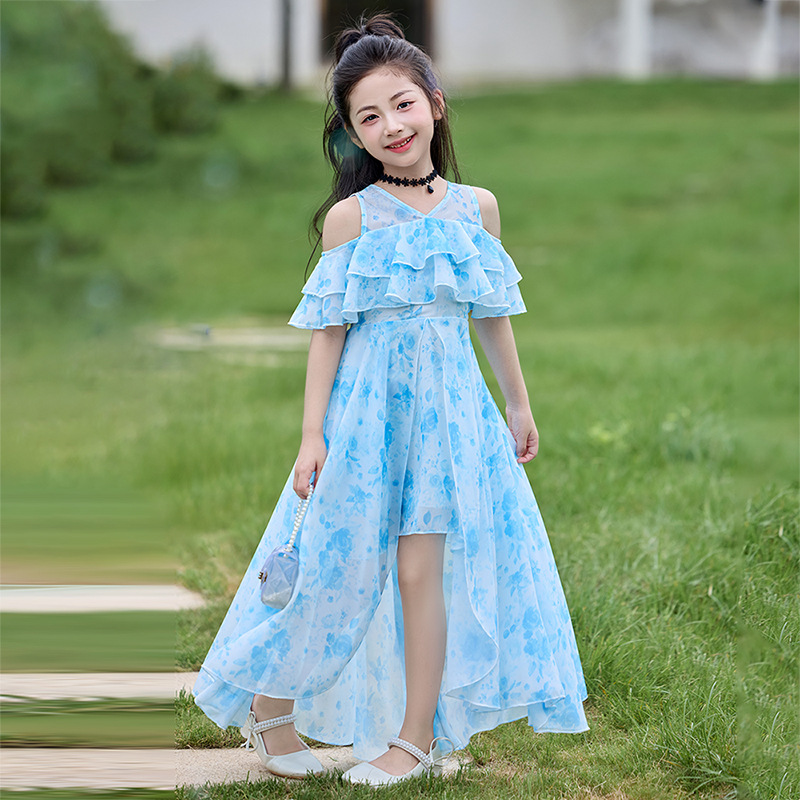 Girls Dress 2025 New Girls Summer Tail Chiffon Children's Skirt Little Girls Fashionable Princess Dress