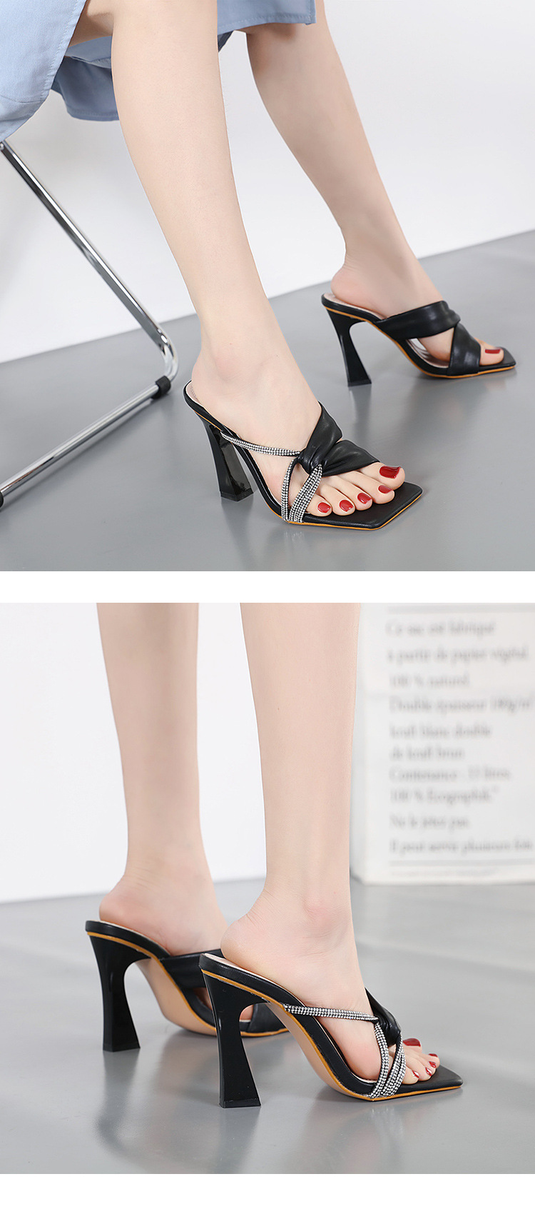 Pu Leather Square Head Thick High-Heel Stitching Rhinestone Sandals NSSO113729