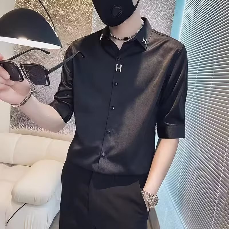 Korean Style High-End Men's Business Pointed Collar Shirt Trendy Summer Thin Niche H Embroidered Three-Quarter Sleeve Shirt