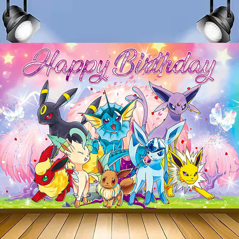 Cartoon Pokémon Happy Birthday Banner Decoration Pikachu Theme Background Cloth Photography 5x3ft