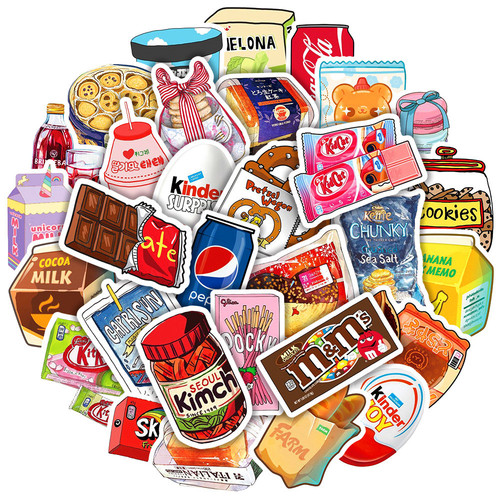 50 pieces of ins style snack stickers for packaging laptops, bicycles, water cups, waterproof suitcases, graffiti stickers