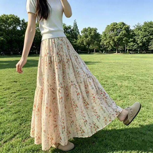 Pink Floral Skirt for Women 2026 New Summer High-Waisted A-Line Umbrella Skirt French Long Skirt Cake Skirt A12145
