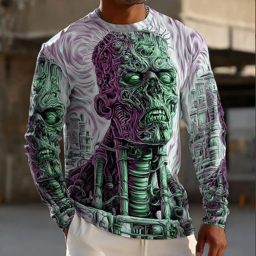 GMABCD Men's Skull Graphic Long-Sleeve T-Shirt – Halloween Print Crewneck - detail 3