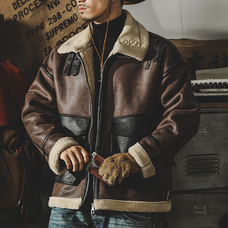 American style retro heavy leather jacket men's winter thickened lambswool integrated high-grade brown jacket men American style retro heavy leather jacket men's winter thickened lambswool integrated high-grade brown jacket men