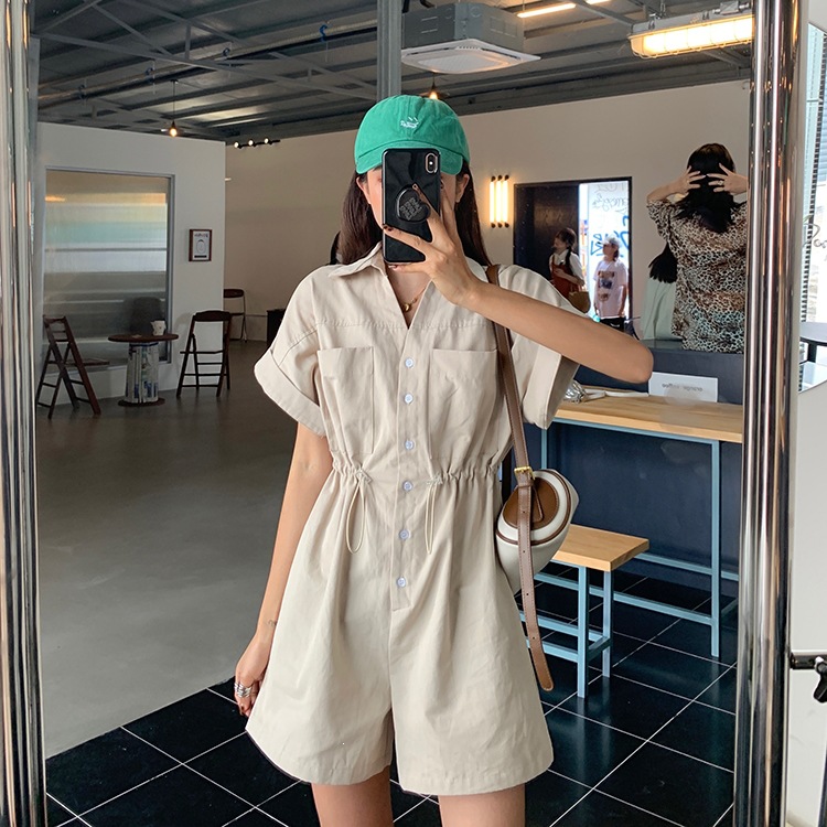 CD716夏季2026新款女小个子连身裤网红学生装宽松短袖工装连衣裤