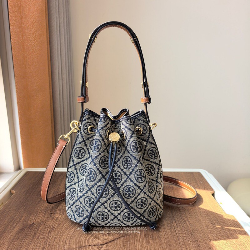 New Tb Women's Leather Monogram Drawstring Bucket Bag, Fashionable Shoulder Underarm Bag, Trendy Foreign Trade Women's Crossbody Bag