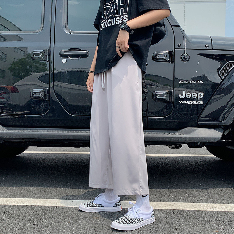 Wide-Leg Pants for Men in Summer, Thin, Loose, Straight, Ice Silk Sports Nine-Point Pants, Casual Pants, Hong Kong Style Pants, Trendy Brand for Men