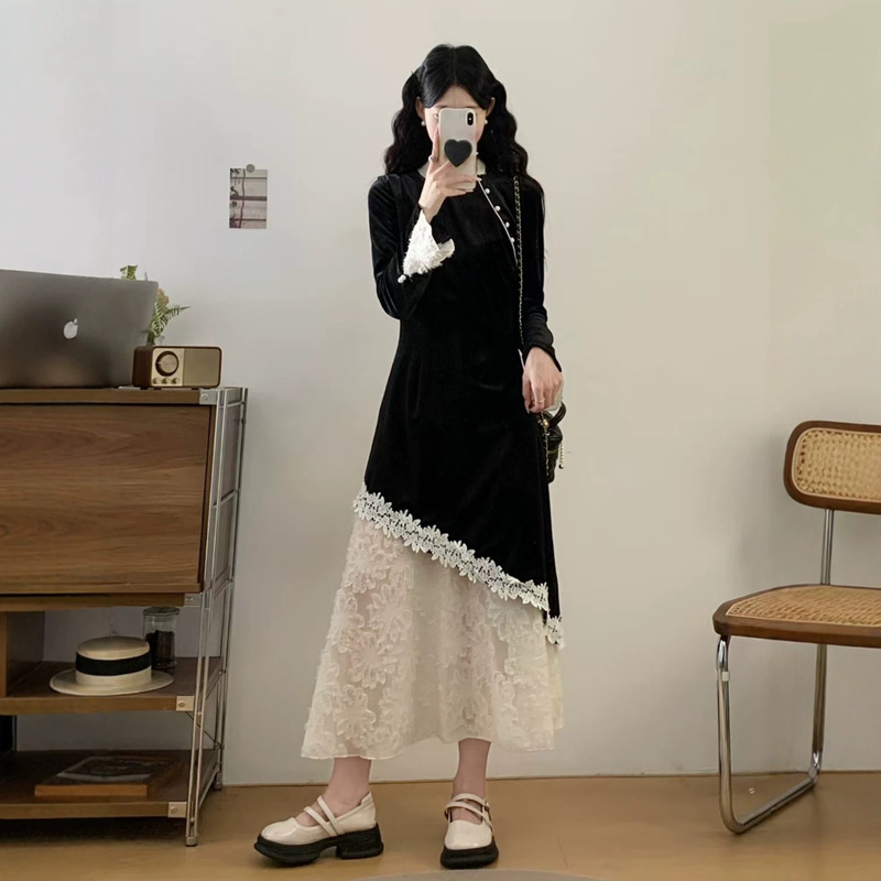 New Chinese-Style National Style Cheongsam Dress for Women, Spring and Autumn New Model, Plus Size for Chubby Girls, Slimming, High-End Feel, Lace Splicing