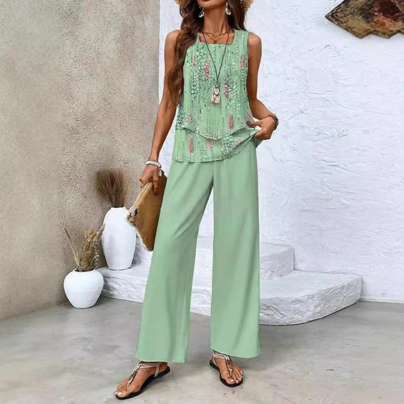 2025 New In-Stock Cross-Border Foreign Trade European and American Women's Clothing Independent Station Best-Selling Sleeveless Double-Layer Vest and Pants Set