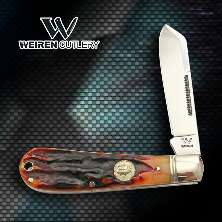 阳江户外小刀 折叠刀 口袋刀 礼品刀 手工刀具  仿鹿角骨柄刀