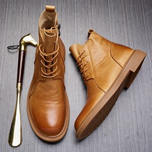 马丁靴男真皮中帮复古靴子英伦风圆头厚底靴低帮鞋子男士工装短靴