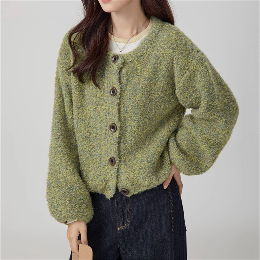 Suéter de cuello redondo de anillo glutinoso suave, abrigo de ropa de mujer, otoño y invierno, nuevo estilo suelto y delgado, cardigan de punto perezoso.