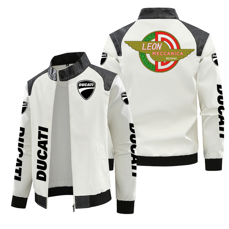 [European code fleece-lined] Ducati locomotive standard leather jacket plus size printed autumn and winter jacket pu high-grade men's clip