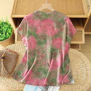 Actual Shot of Ready-Made Plus Size Women's Clothing 2025 Summer New Shirt Plate Shirt Classy Cotton and Linen Printed Slanted Shirt