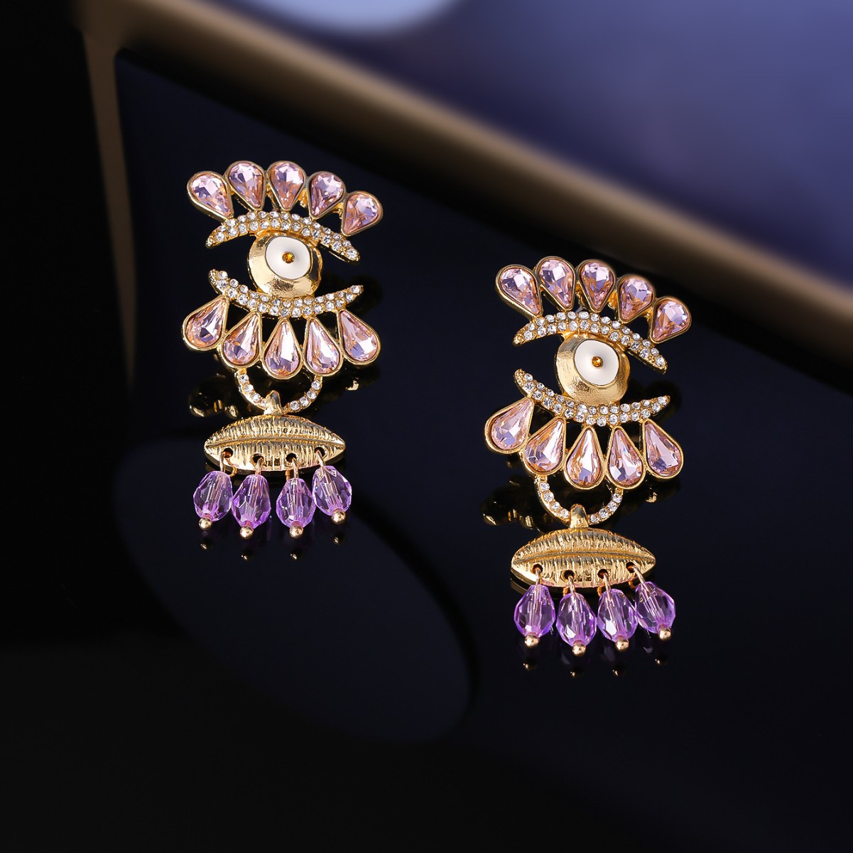 Vintage Devil Eye Clip Earrings With Diamond Water Drop Tassels_voghion.com