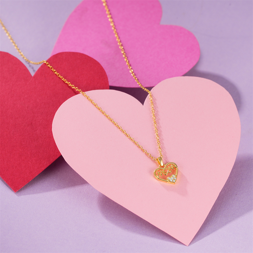 Mother'S Day Festival 925 Sterling Silver Zircon Plating Letter Heart Shape Pendant Necklace
