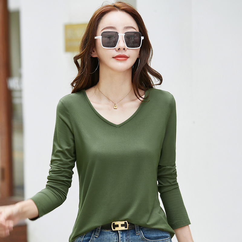 418 Autumn/Winter New Elastic Slimming Long-Sleeved Versatile Base Shirt Solid Color V-Neck Korean Style Casual Women's Top T-Shirt