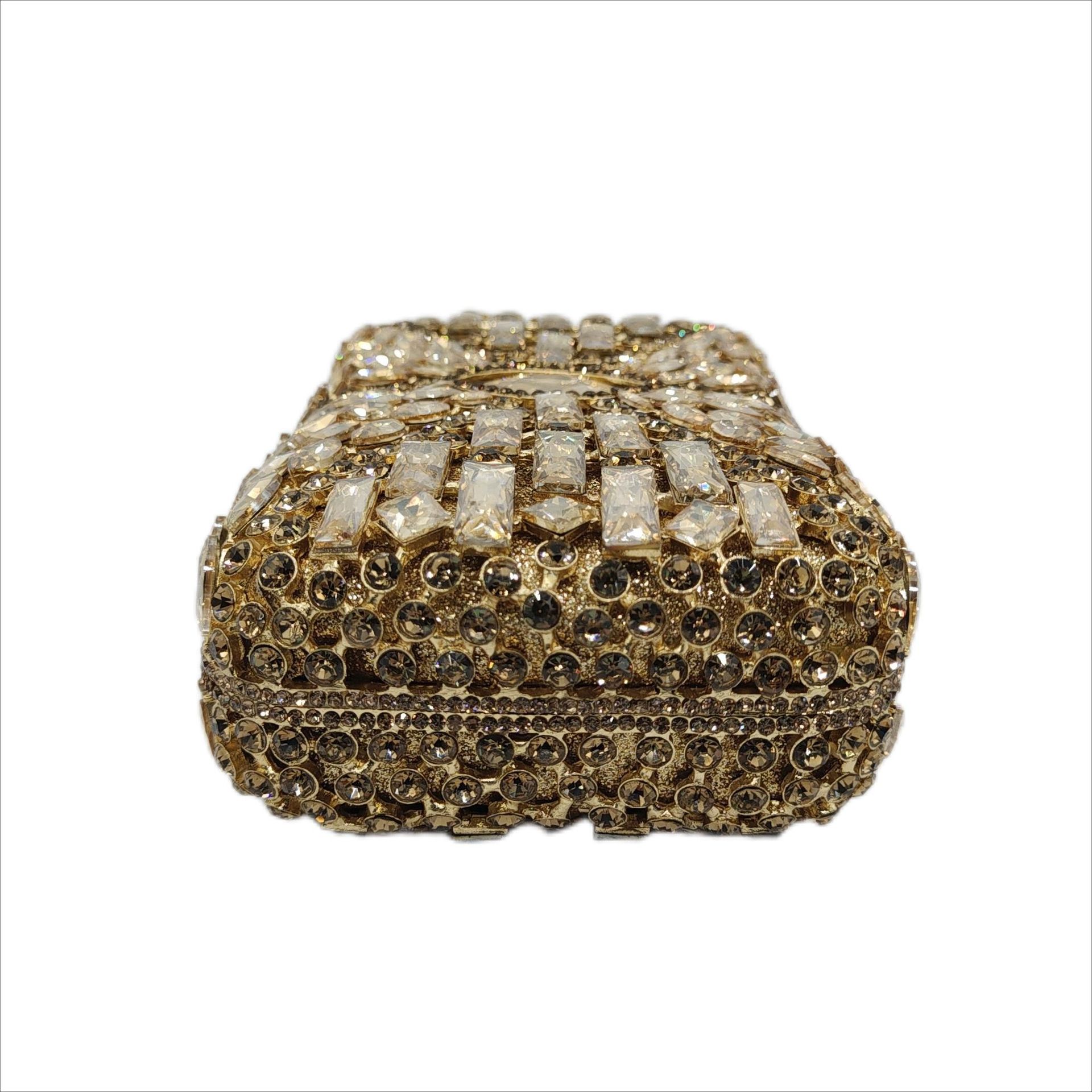 Túi clutch nữ đính đá rhinestone hộp cứng kim loại cầm tay dạ hội — Màu hồng, Hoa violet, Đế vàng kim cương, Màu sâm panh chi tiết 11