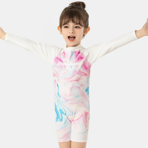 Momasong Children's Swimwear Ins Style Girl Middle Childhood Baby One-piece Long Sleeve Beach Sun Protection Surfing Swimming Suit