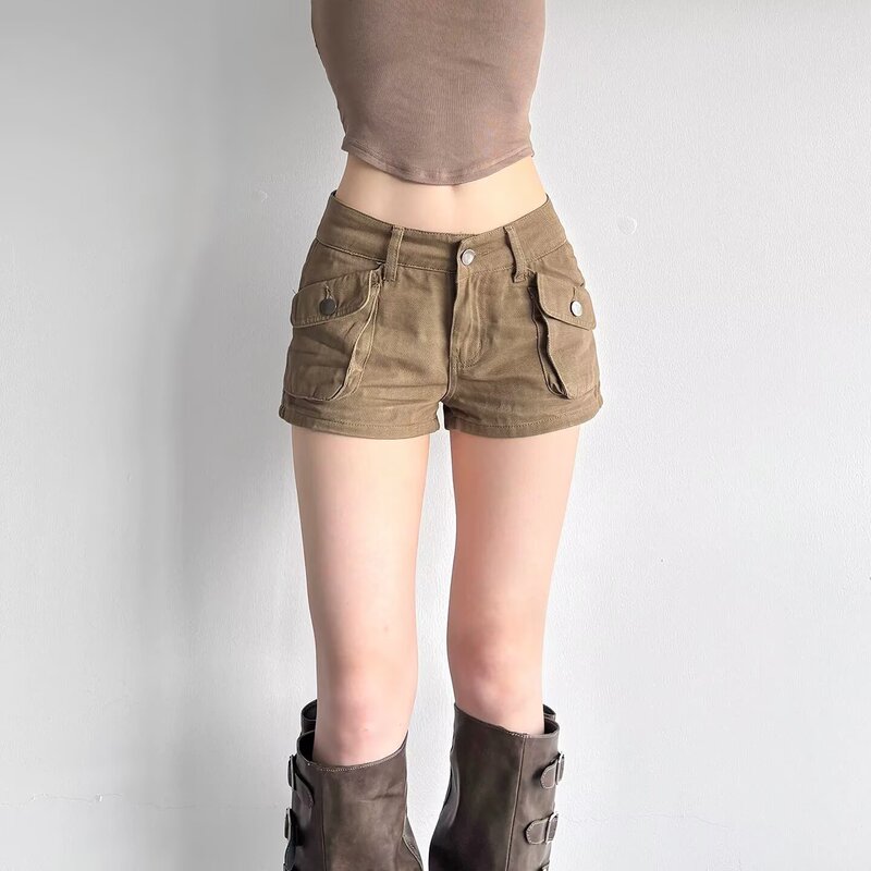 Cross-Border Hot Girl Style Pocket Design Workwear Denim Shorts 2025 New High-Waisted Slimming and Long-Legged Shorts