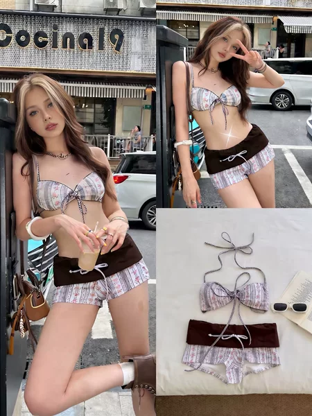 2026 New Cross-Border Three-Point Bikini Swimsuit for Women, Sexy Pure Desire Retro Print Small Bust Swimwear