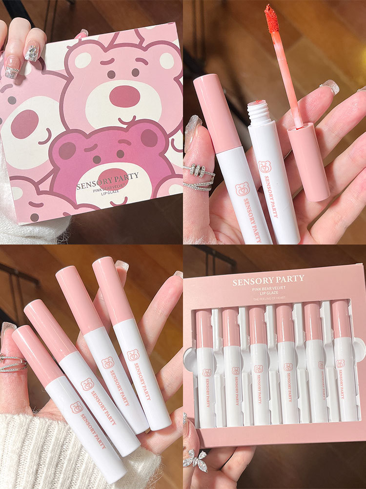 Sensory Party Pink Bear Velvet Lip Gloss Set with 6 colors to choose from. Matte Whitening Lip Gloss, live-streaming version, one-piece consignment undefined