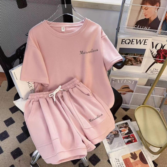 Casual Running Sportswear suit Women's Summer Korean-style Loose White Foreign-style Short-sleeved Shorts Student Two-piece Fashionable Set