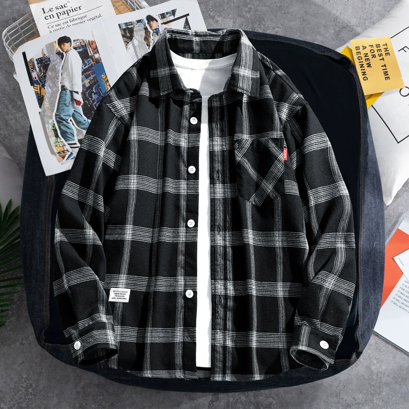 Клетчатая рубашка мужская длинная рукава свободная гонконгская ветреная японская рубашка весна и осень откормлены
