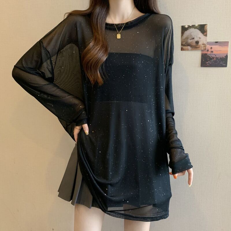 Plus-Size Women's Summer New Design Sequined Sun-Protective Long-Sleeve T-Shirt, Loose Fit, Slimming, Covers the Body, Versatile Top, Trendy