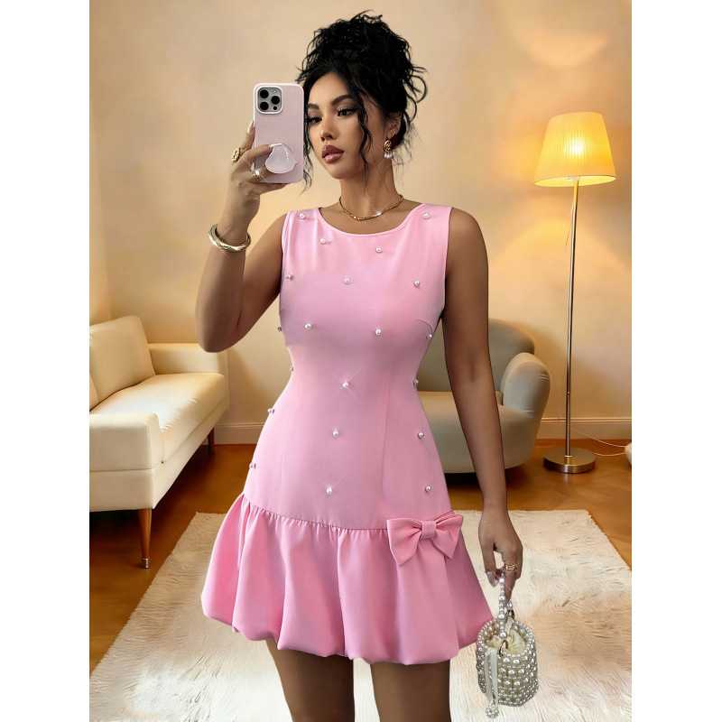 Summer elegant combined small dress with bow with a round collar…