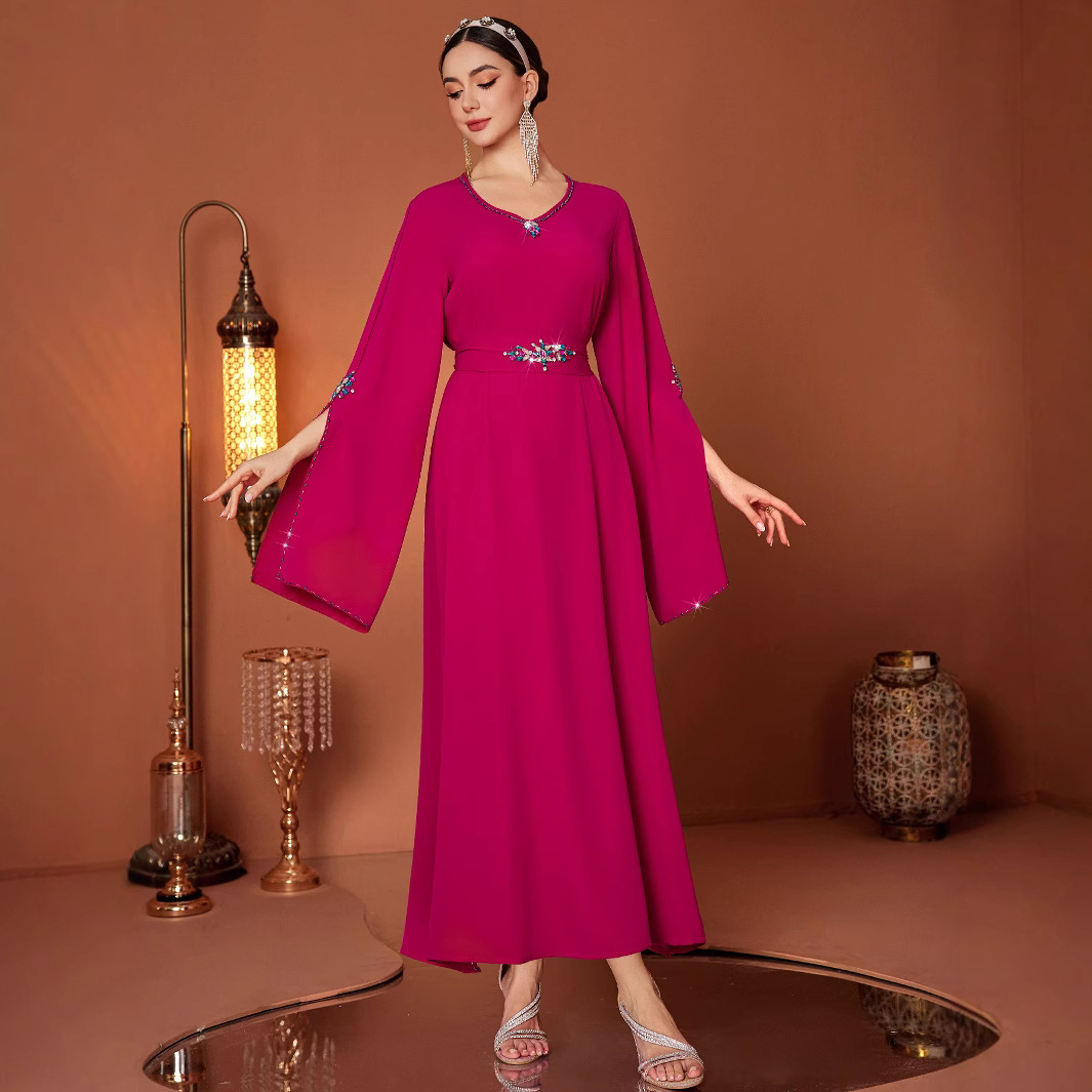 V-neck Hand-stitched Diamond Decorations Turkish Robe Dress