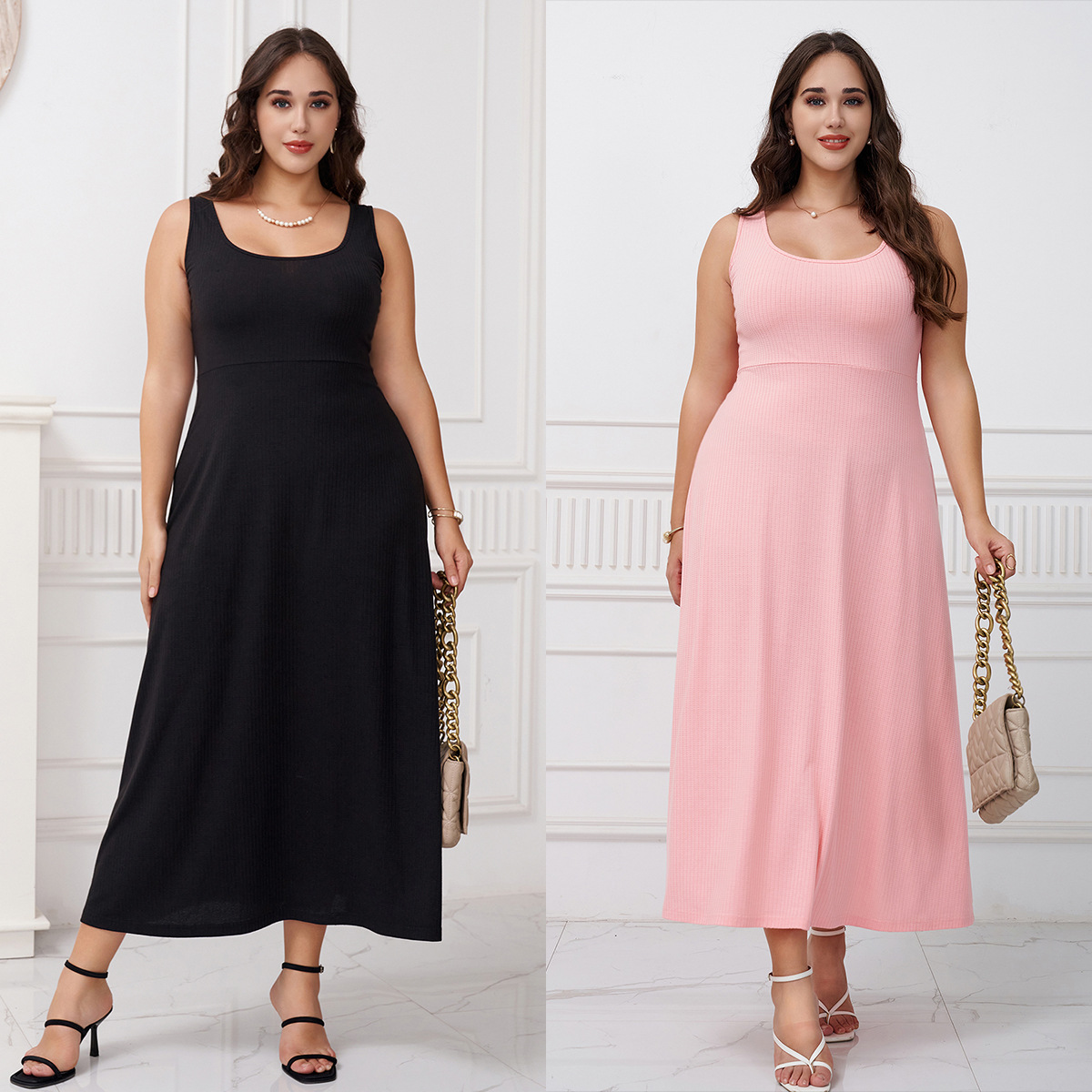 煜祺【现货清仓】大码女装欧美女夏季新款无袖修身显瘦气质连衣裙