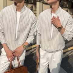 男士长袖V领条纹衬衫宽松新款秋季高级感衬衫假两件休闲百搭简约