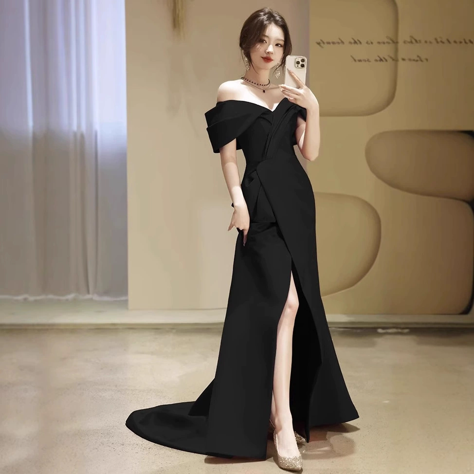 Черное вечернее платье высокого класса, легкая роскошь, новинка 2023 года, нишевое платье русалки со шлейфом для банкета и ведущего ежегодного собрания, для похудения.