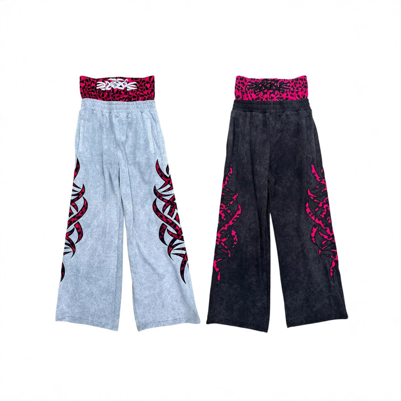 European and American Plaid Double Pants Design Large Flame Texture Patch Embroidery Pattern Dark Style Street Casual Sweatpants