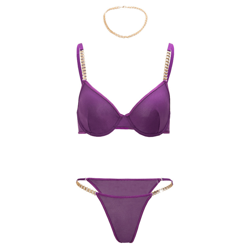Cross-border Europe and the United States ultra-thin mesh sexy pull-up bra suit metal chain fashion temptation underwear thong Cross-border Europe and the United States ultra-thin mesh sexy pull-up bra suit metal chain fashion temptation underwear thong