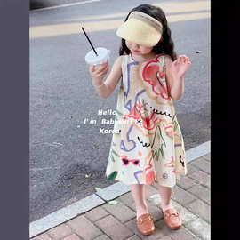 童装2024夏季韩版女童森系印无袖背心裙儿童涂鸦连衣裙宝宝甜美裙