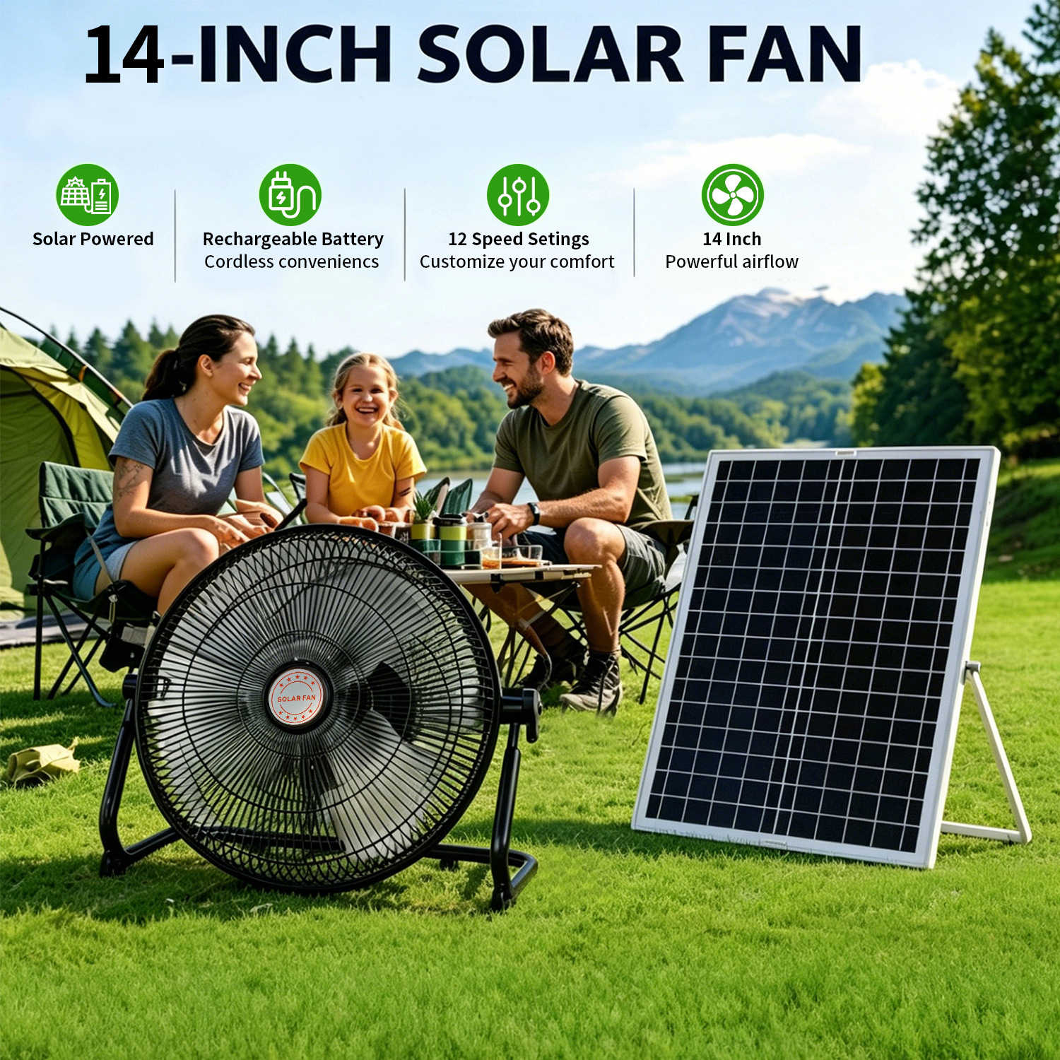 Cross border portable solar energy electric fan 14 Wind power outdoors Camping household Power failure charge