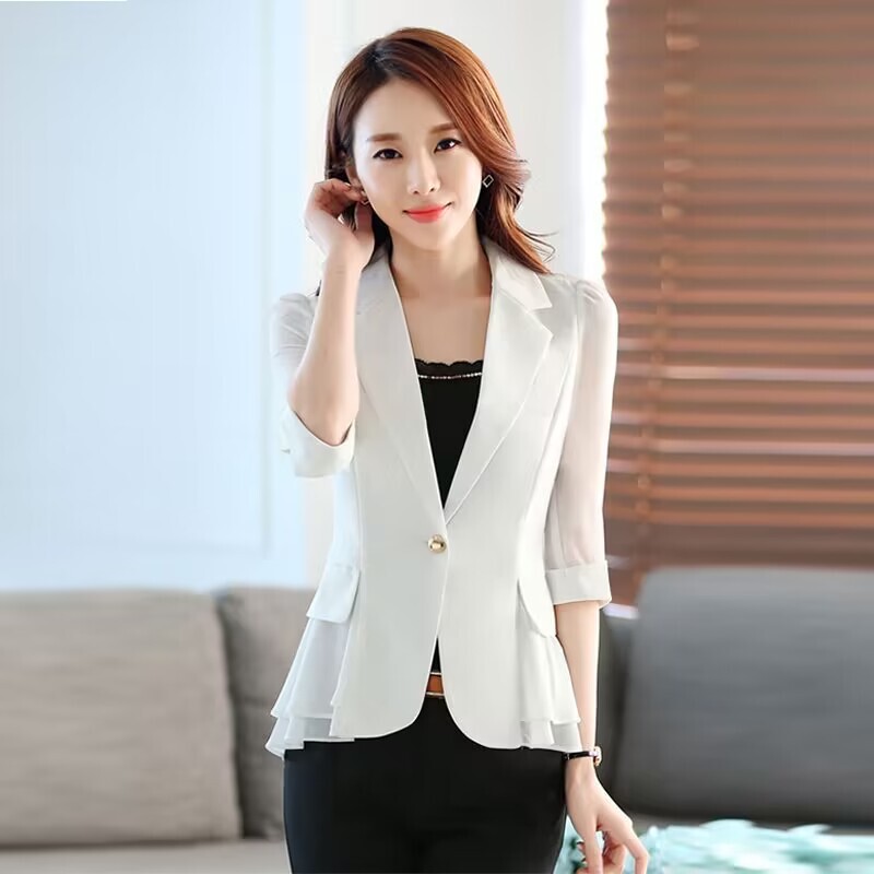 Spring and Autumn Summer New Small Suit Jacket Short Slim-fit One-button Seven-point Sleeve Ruffled Chiffon Women's Thin Suit